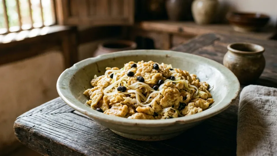 AI-generated recreation image of Chao Jizi: tender golden scrambled egg curds stir-fried with shredded white scallions and whole fermented black beans in sesame oil, served in an ancient Six Dynasties shallow celadon bowl